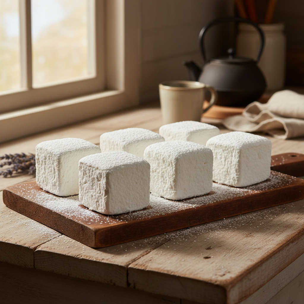Two marshmallows on wooden board