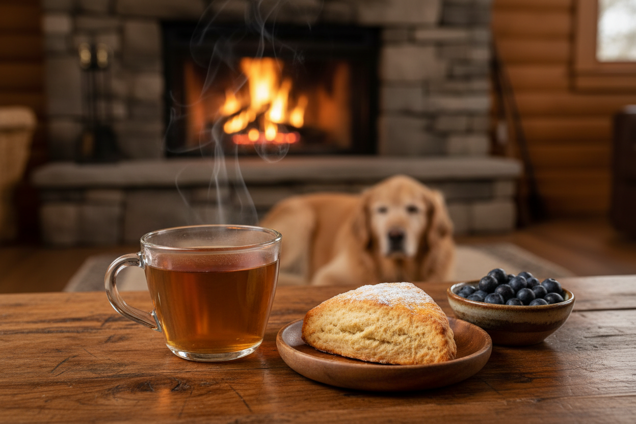 Blueberry tea with scone and dog