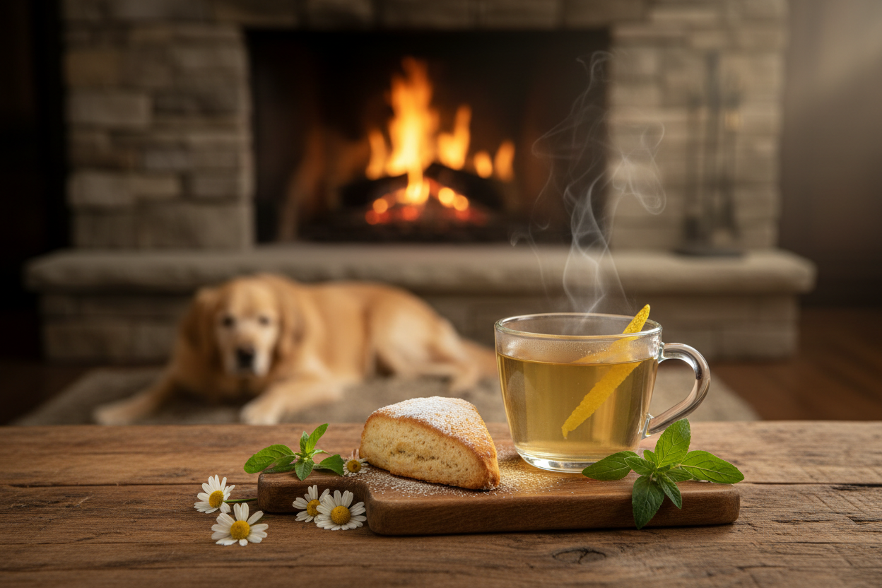 Chamomile lemon verbena tea with scone and dog