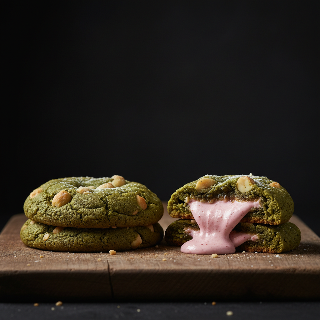 Matcha cookies with pink cream cheese filling