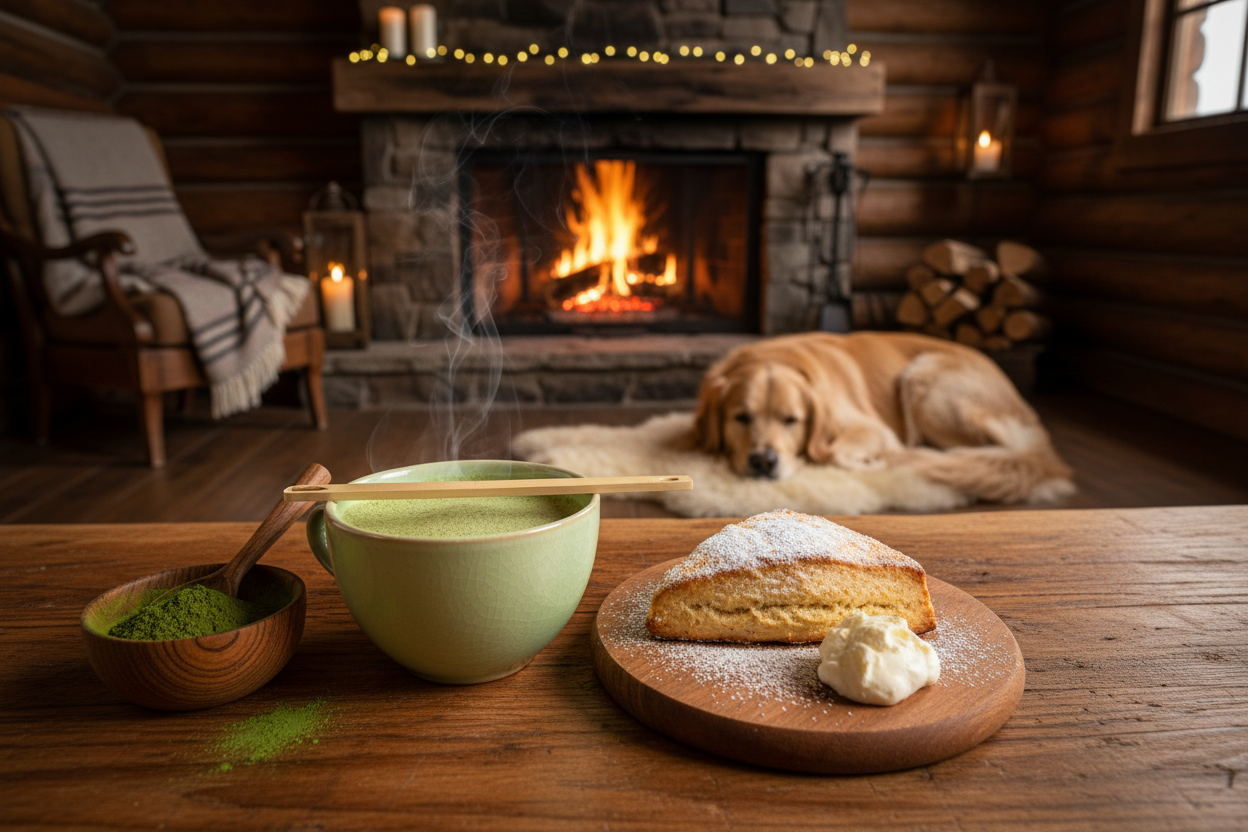 Matcha tea with scone and dog