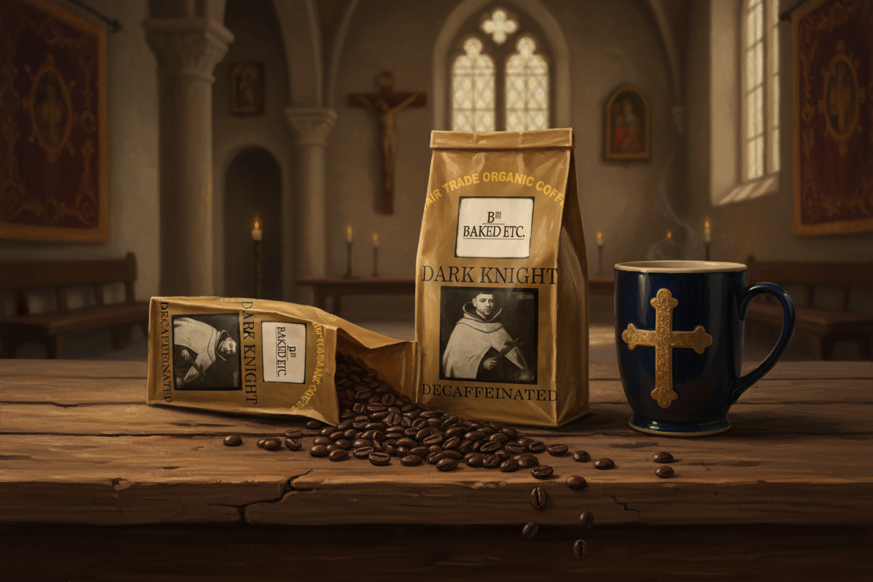Two Dark Night coffee bags with large cross mug on rustic table