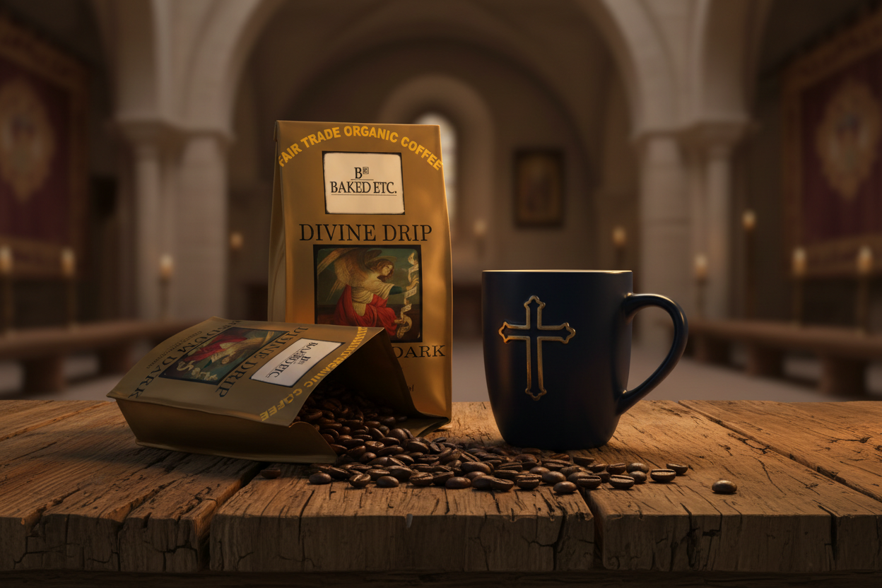 Two Divine Drip coffee bags with large cross mug on rustic table