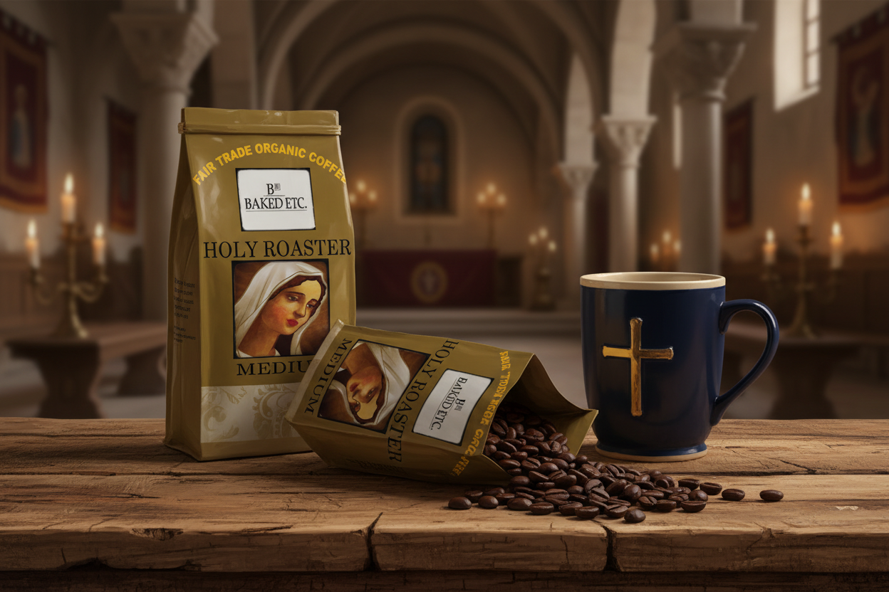 Two Holy Roaster coffee bags with large cross mug on rustic table