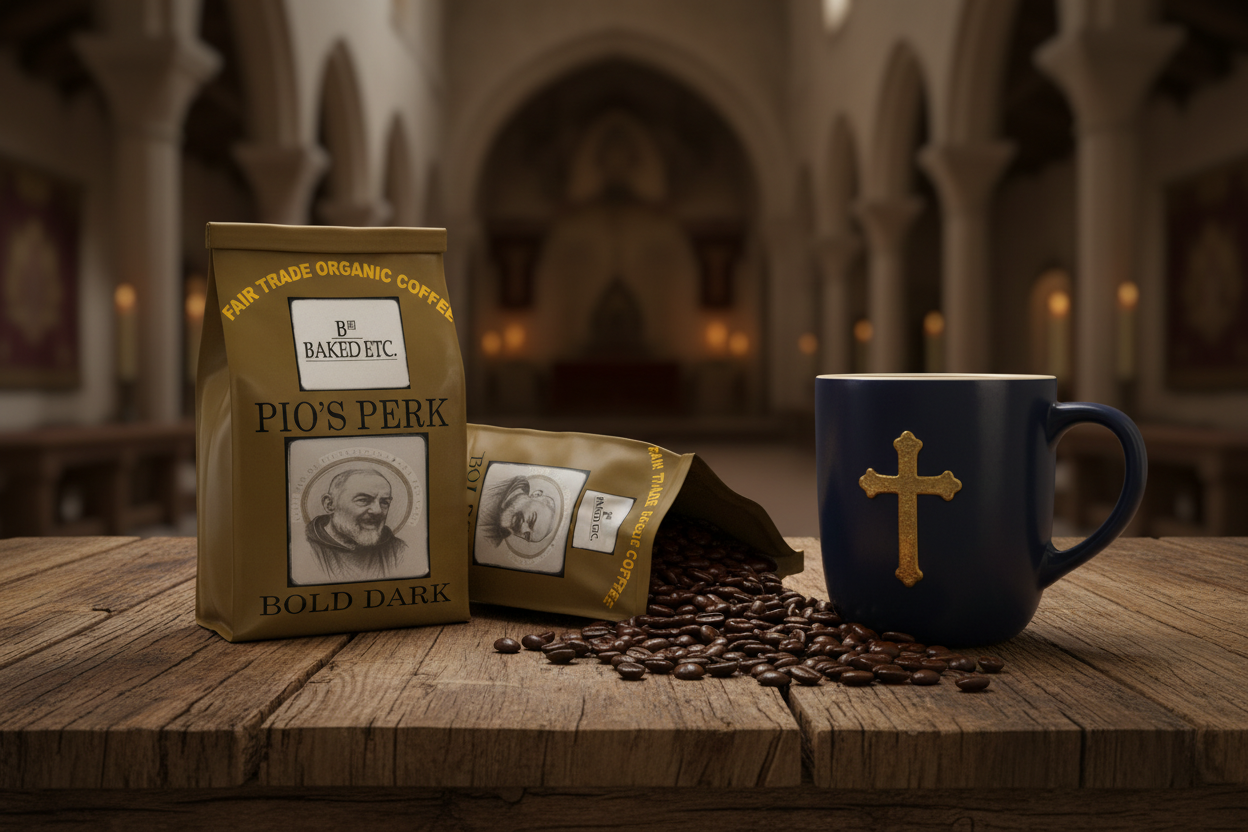 Two Pio's Perk coffee bags with large cross mug on rustic table